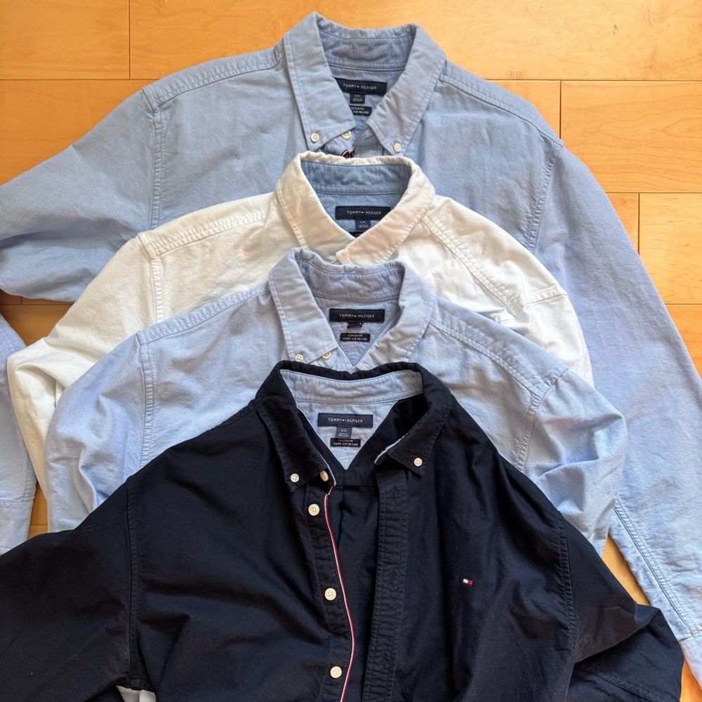 4 Tommy Hilfiger Men's Casual Button Down Shirts - Light Blue, White, Dark Navy